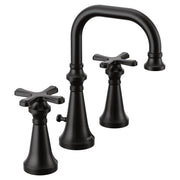Matte black widespread bathroom faucet with high arc spout and cross handles on conical bases.