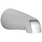 Chrome tub spout with curved body and angled outlet for water delivery.