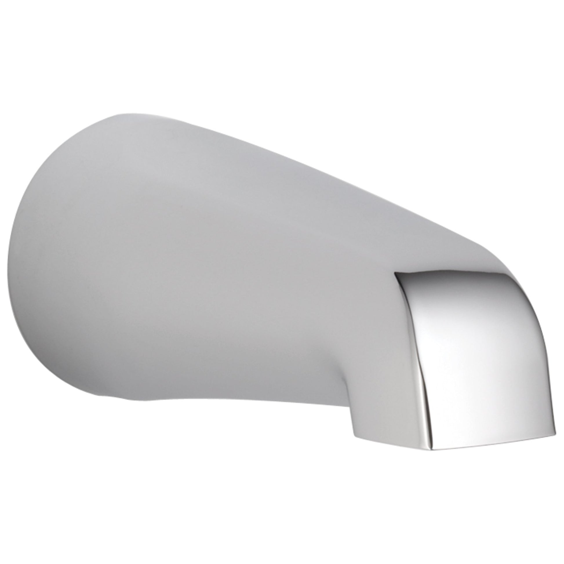 Chrome tub spout with curved body and angled outlet for water delivery.