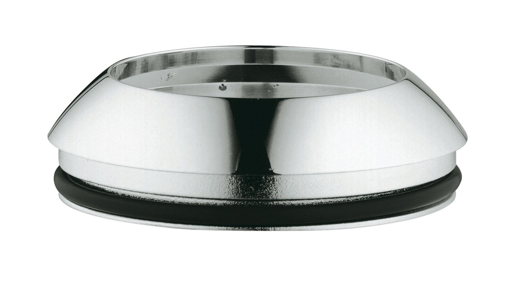 Chrome cap with black rubber gasket seal for Grohe faucet repair.