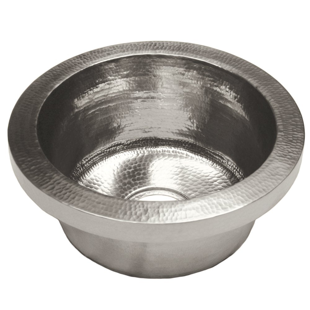 Brushed nickel round bar sink with hammered interior bowl and flat rim, viewed from above.
