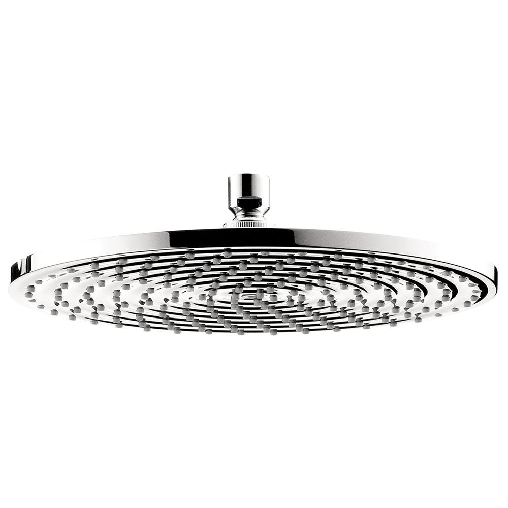 Chrome circular shower head with multiple spray jets arranged in concentric rings, mounted on a vertical arm.