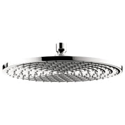 Chrome circular shower head with multiple spray jets arranged in concentric rings, mounted on a vertical arm.