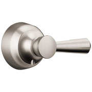 Stainless steel lever handle with cylindrical spout and circular escutcheon plate.