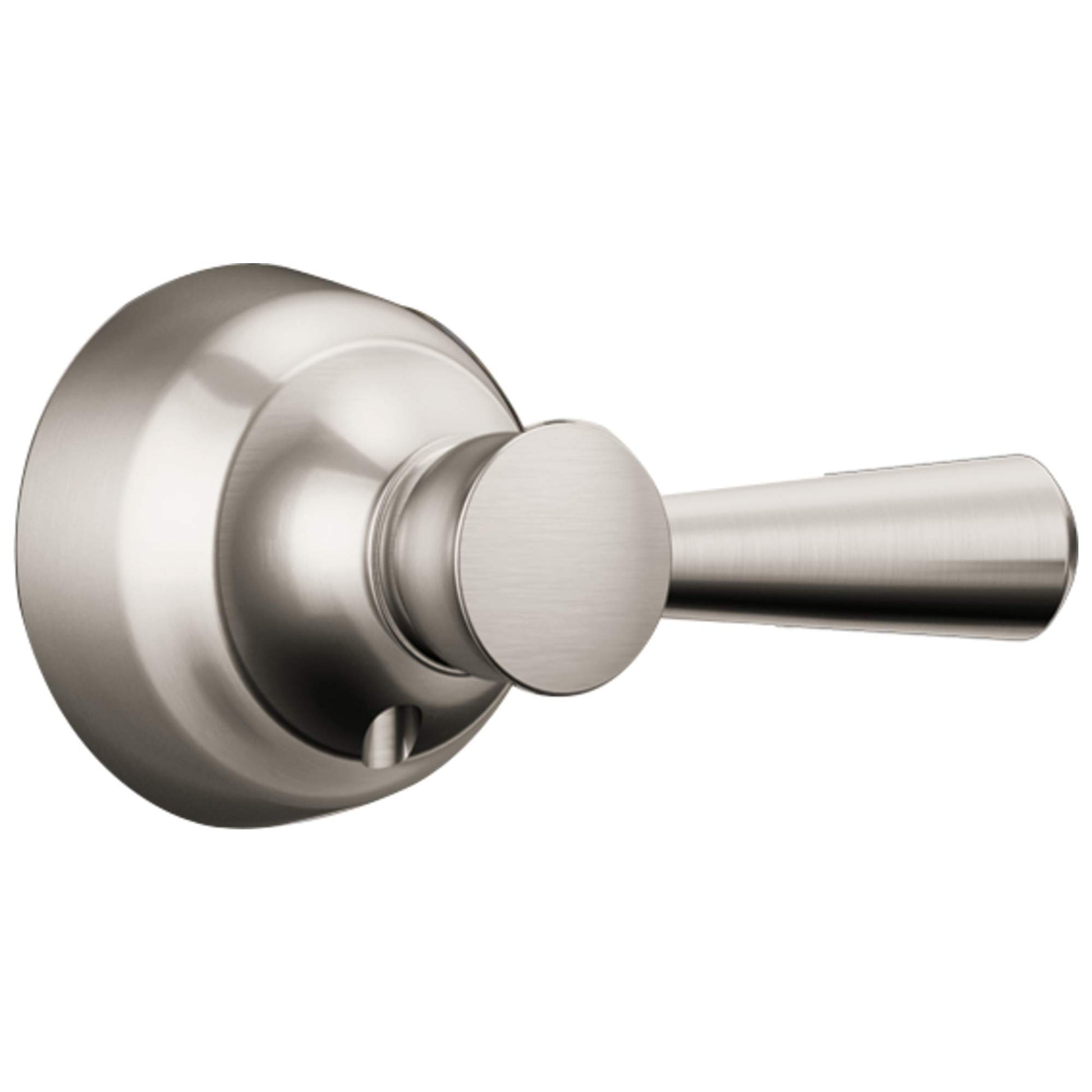 Stainless steel lever handle with cylindrical spout and circular escutcheon plate.