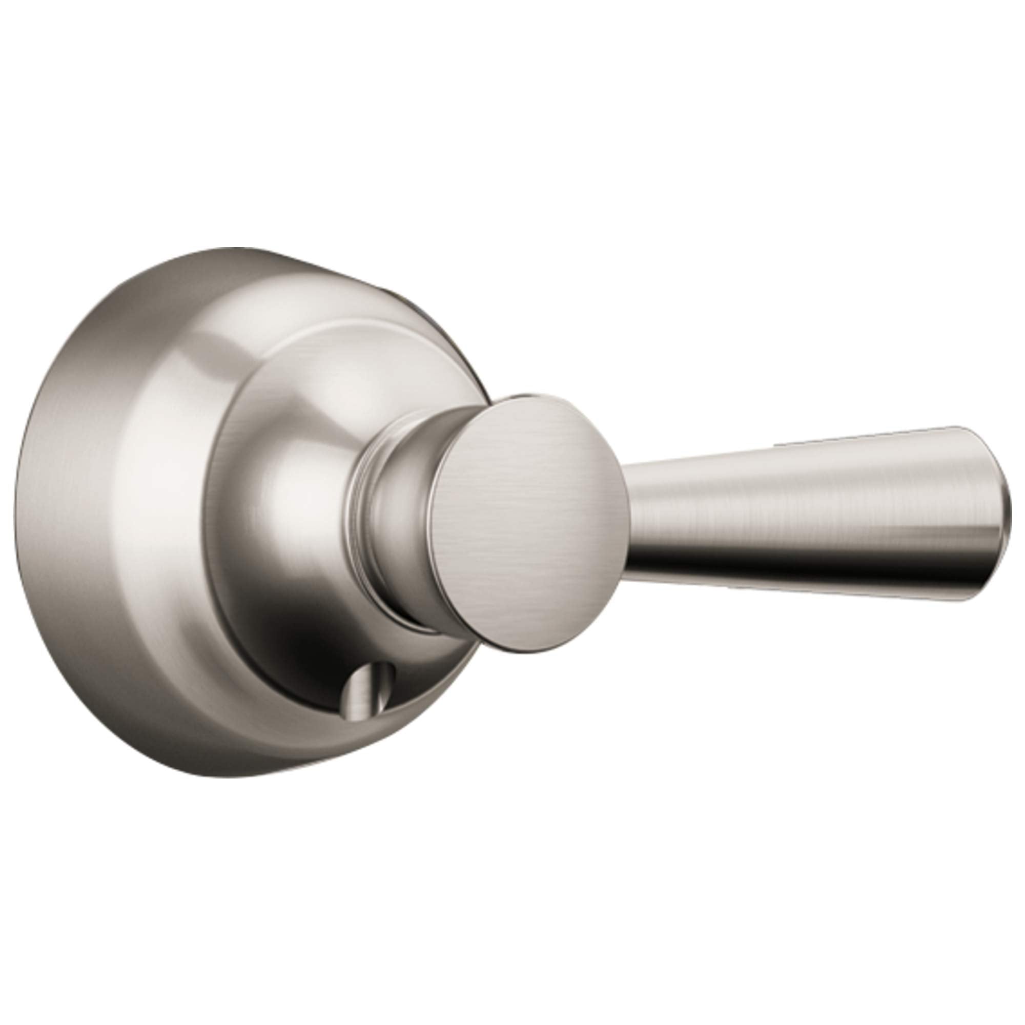Stainless steel lever handle with cylindrical spout and circular escutcheon plate.