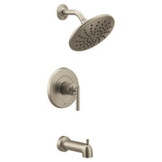 Brushed nickel tub and shower trim kit with single lever handle, rainfall showerhead, and tub spout.