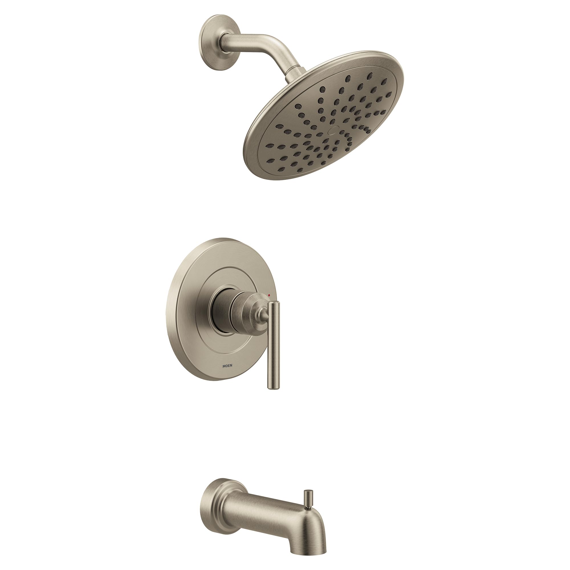 Brushed nickel tub and shower trim kit with single lever handle, rainfall showerhead, and tub spout.