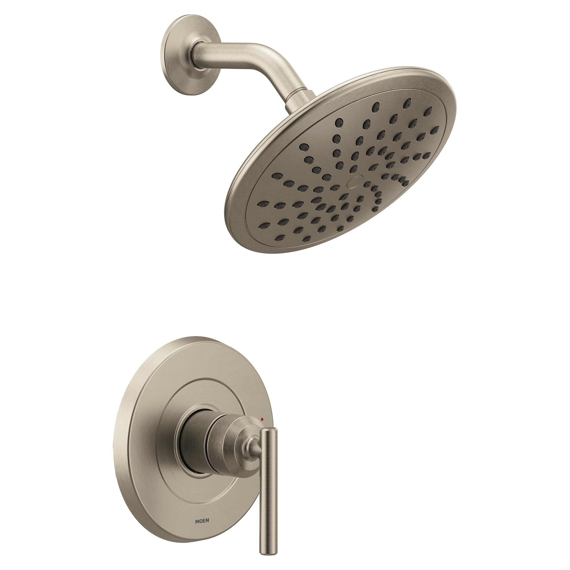 Brushed nickel shower trim kit with single-lever handle, round showerhead with spray holes, and curved arm.