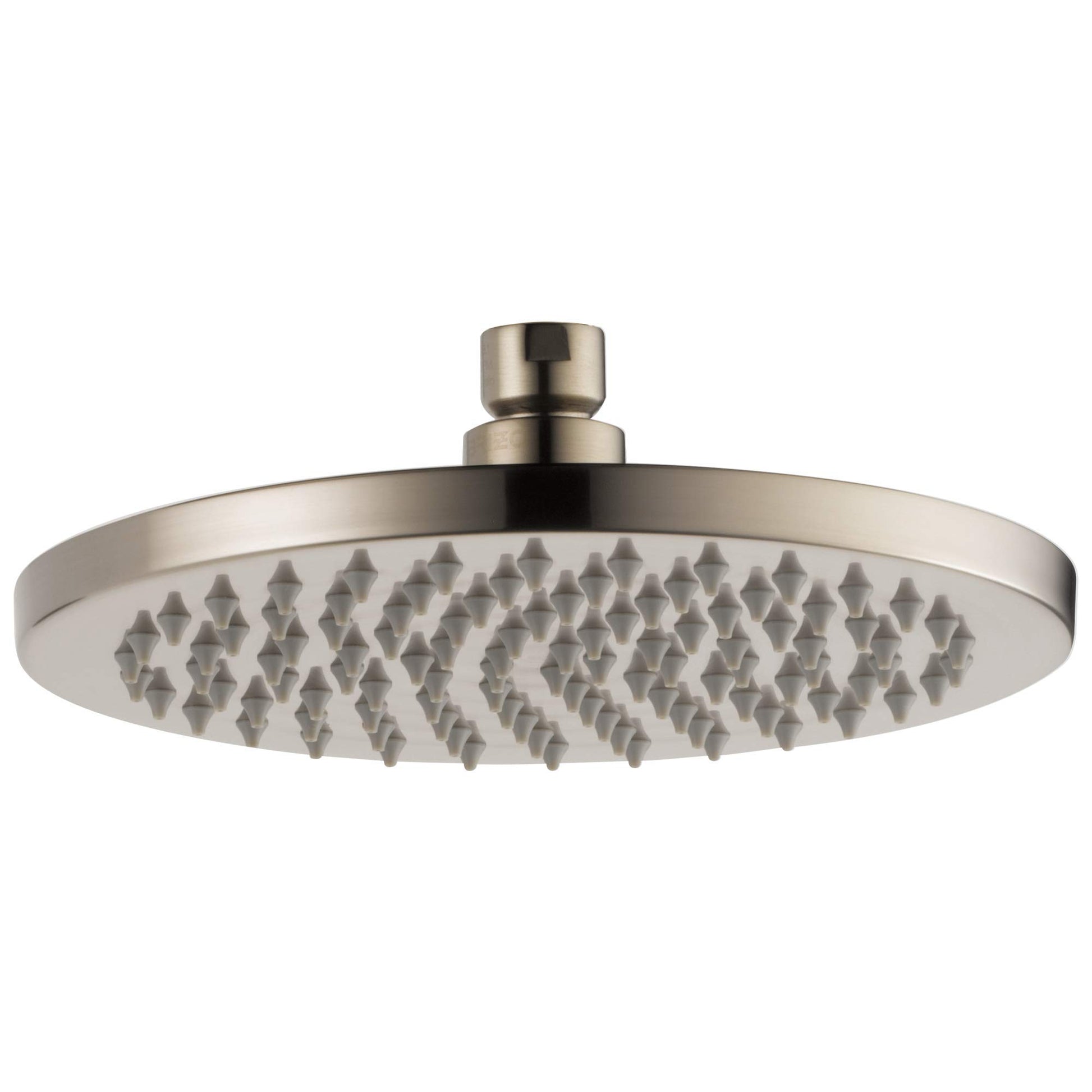 Round brushed nickel raincan shower head with multiple spray jets and ceiling-mounted connector arm.