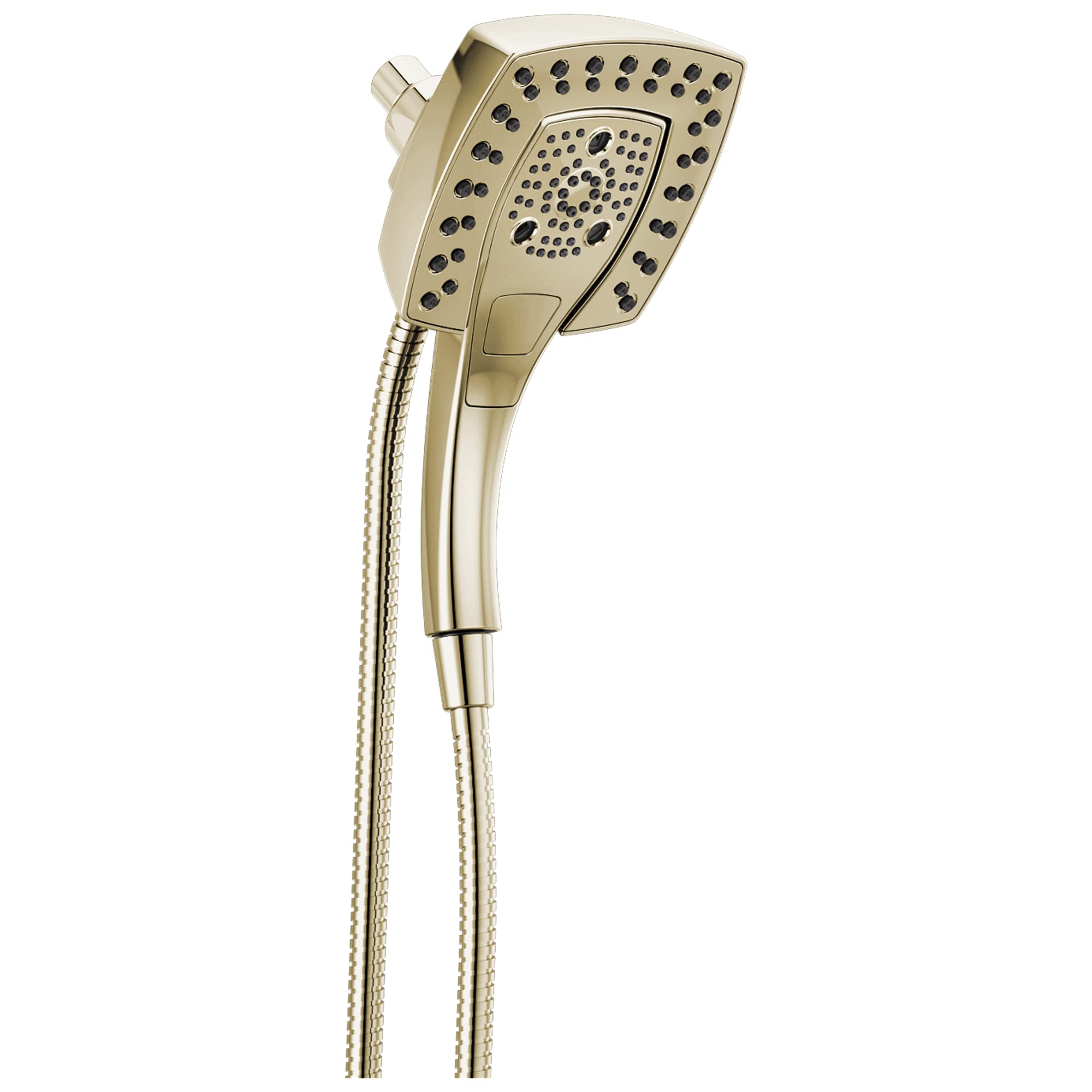 Champagne-colored square shower head with perforated spray outlets and attached flexible hose.