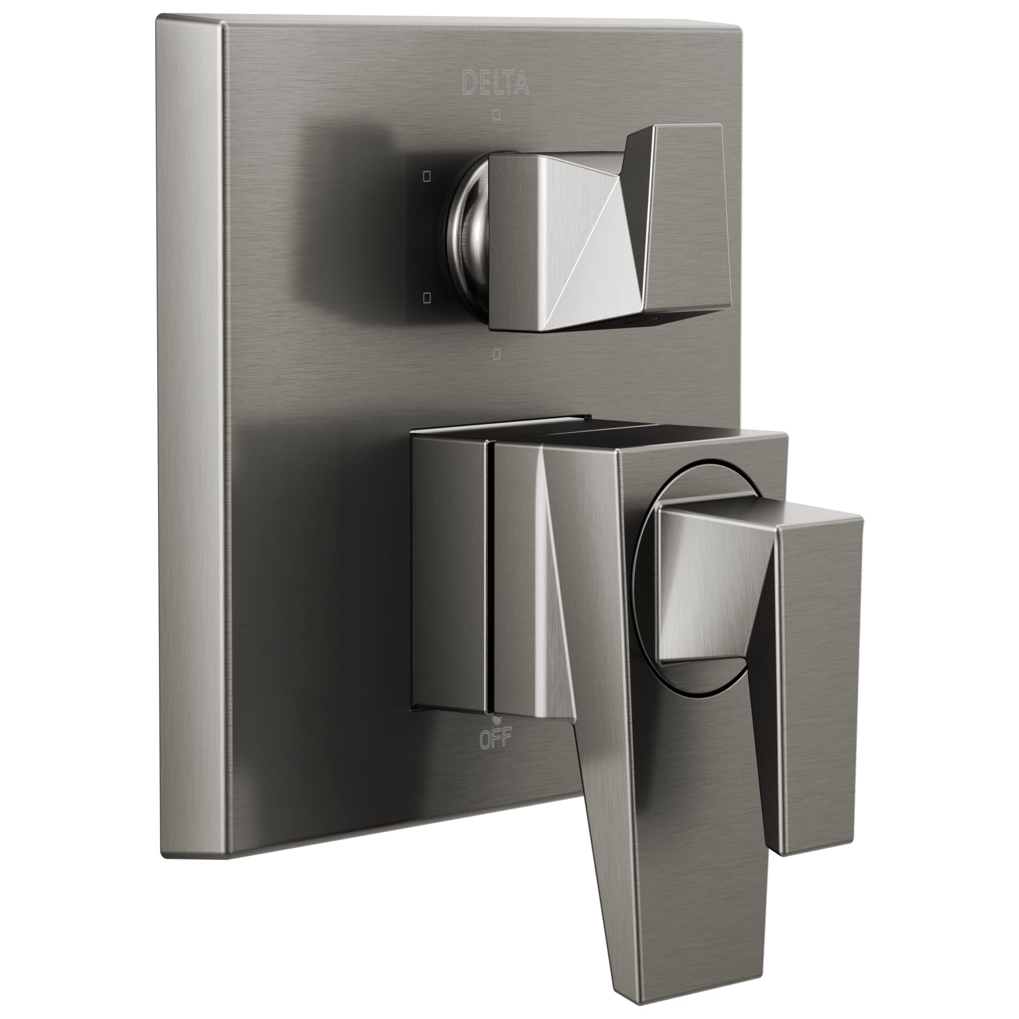 Brushed nickel two-handle shower valve trim with square handles and diverter control on rectangular escutcheon plate.