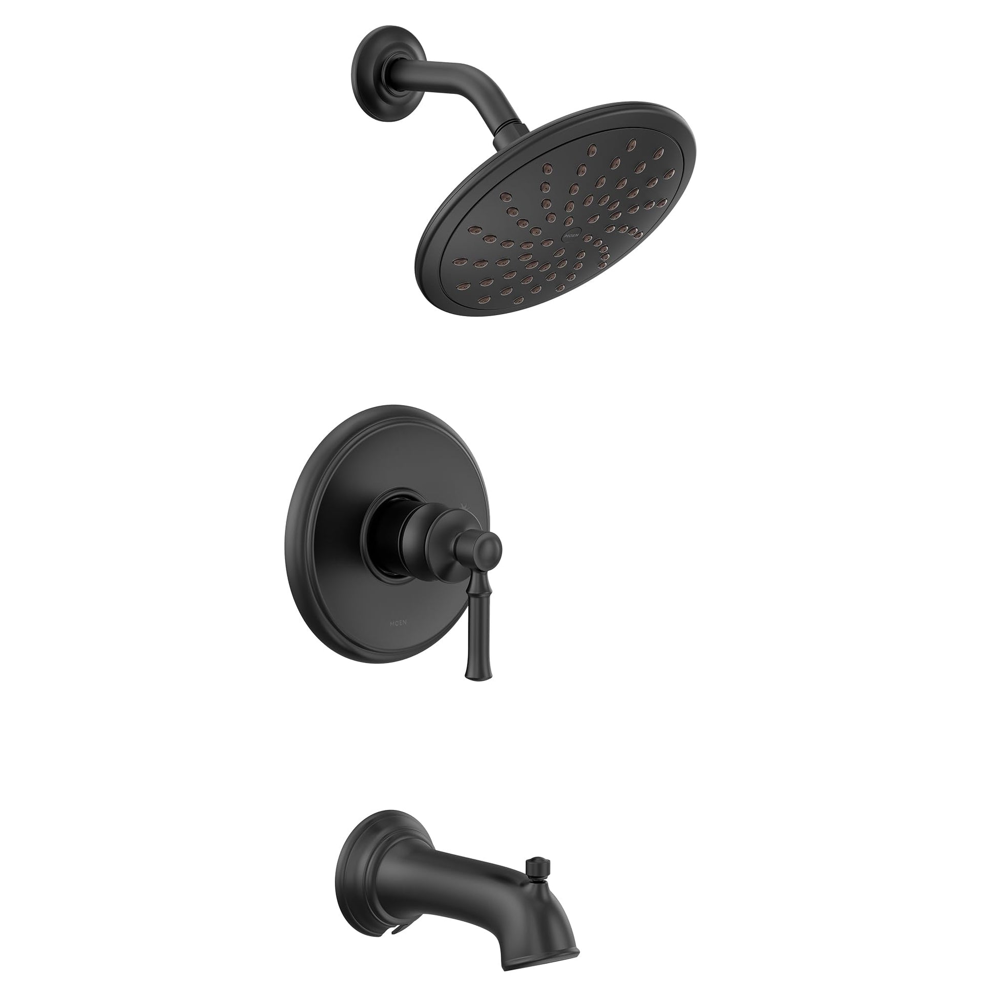 Matte black tub and shower trim kit with single-handle valve, 8-inch rainshower head, and tub spout.