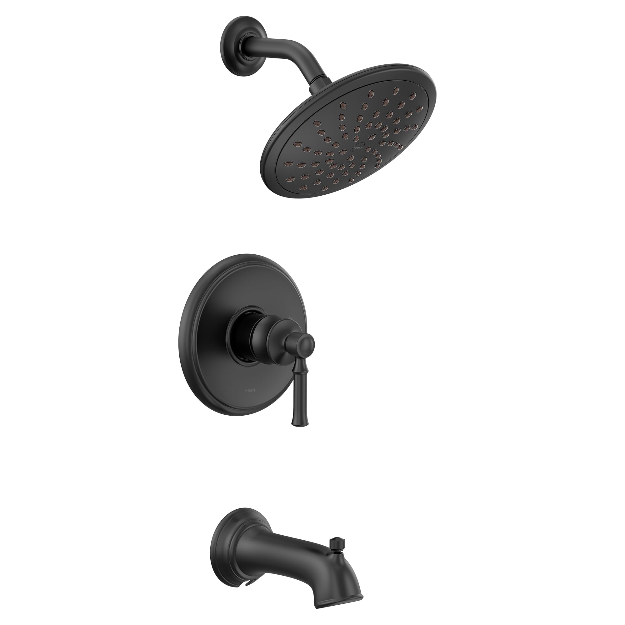 Matte black tub and shower trim kit with single-handle valve, 8-inch rainshower head, and tub spout.