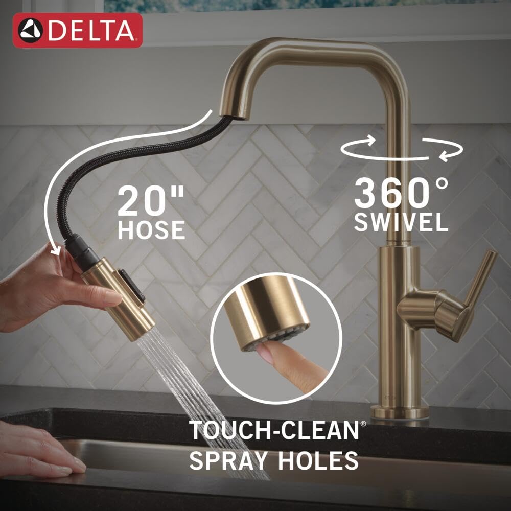 Champagne bronze single-handle pull-down kitchen faucet with 20-inch hose and 360-degree swivel spout.
