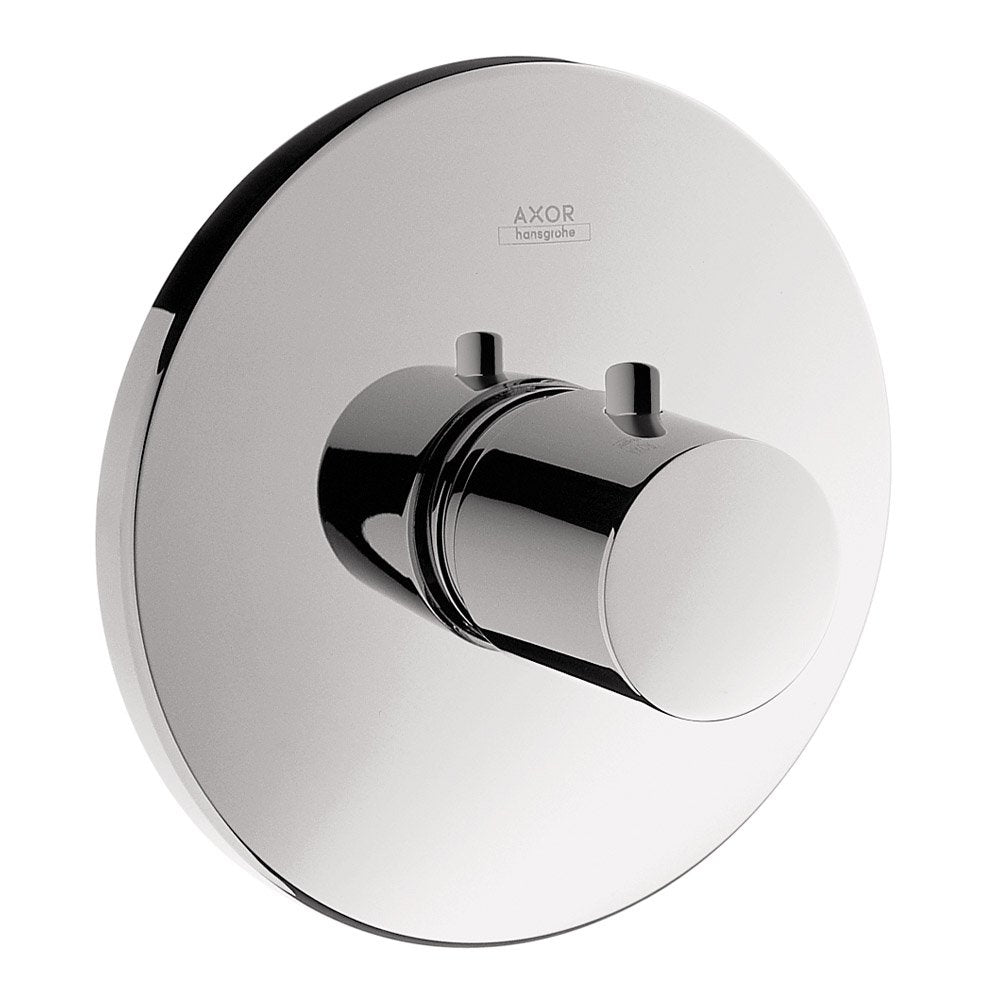 Chrome thermostatic shower trim with circular escutcheon plate, central control knob, and two secondary handles.
