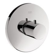 Chrome thermostatic shower trim with circular escutcheon plate, central control knob, and two secondary handles.