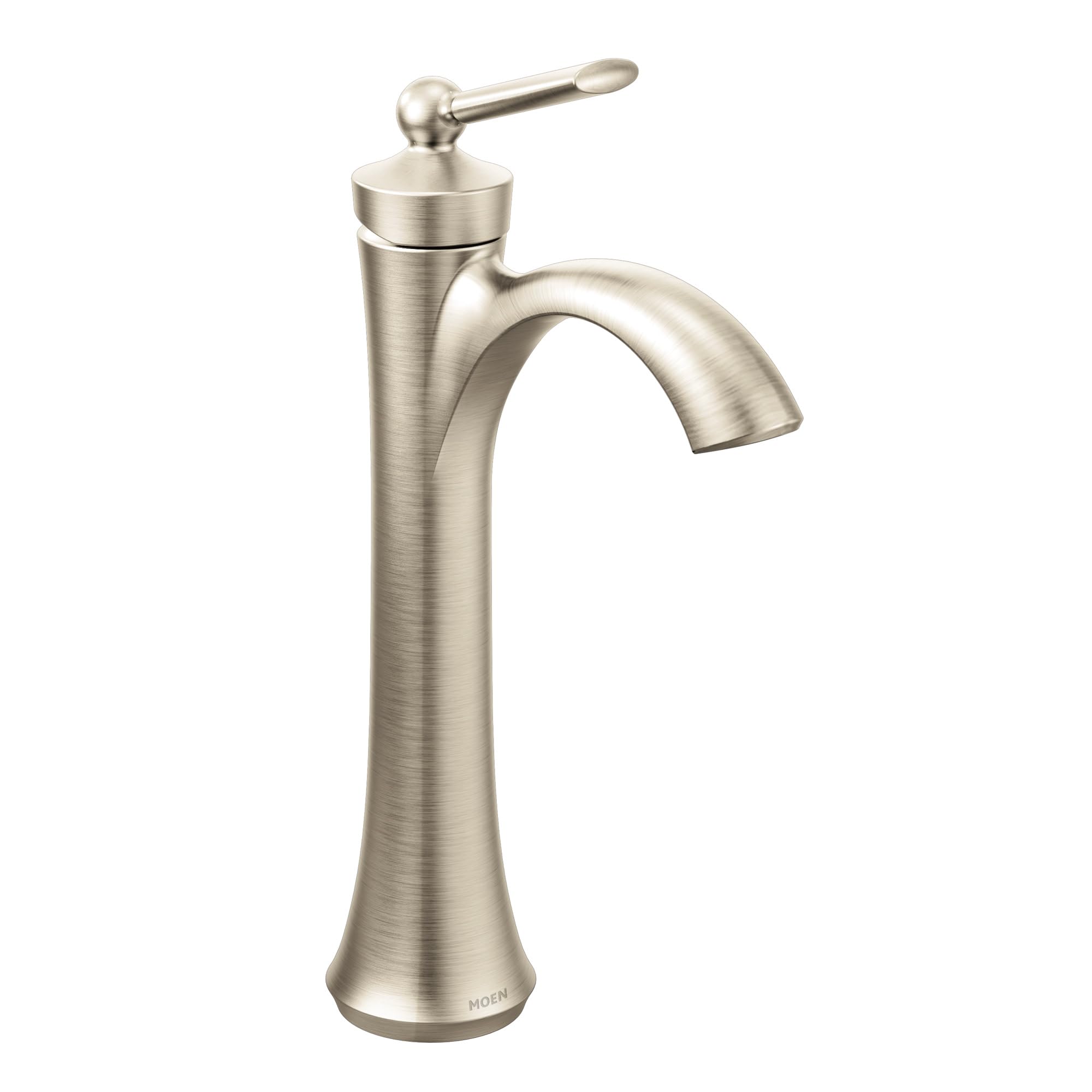 Brushed nickel single-handle high arc bathroom faucet with curved spout and lever control.