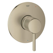 Grohe Concetto brushed nickel pressure balance valve trim with round escutcheon plate and lever handle.