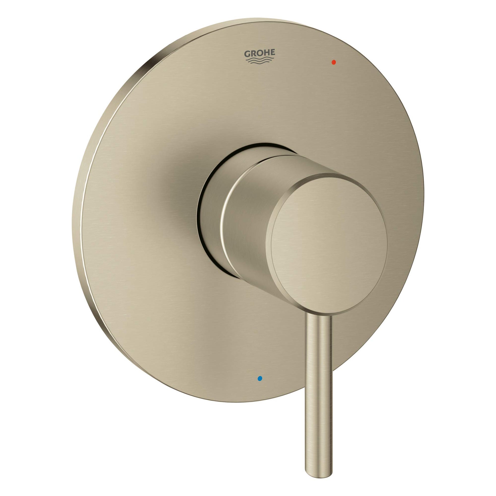 Grohe Concetto brushed nickel pressure balance valve trim with round escutcheon plate and lever handle.