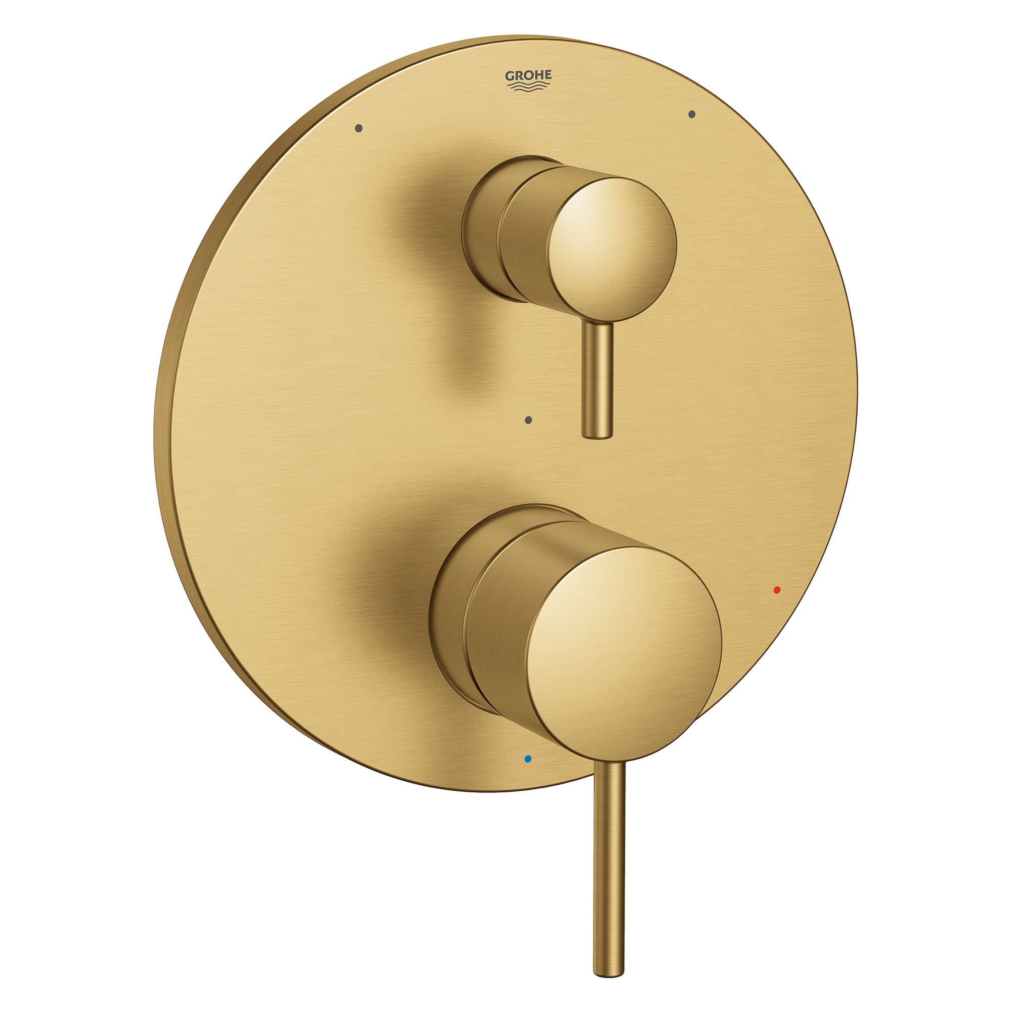 Grohe brushed gold pressure balance valve trim with two round handles and diverter control on circular backplate.