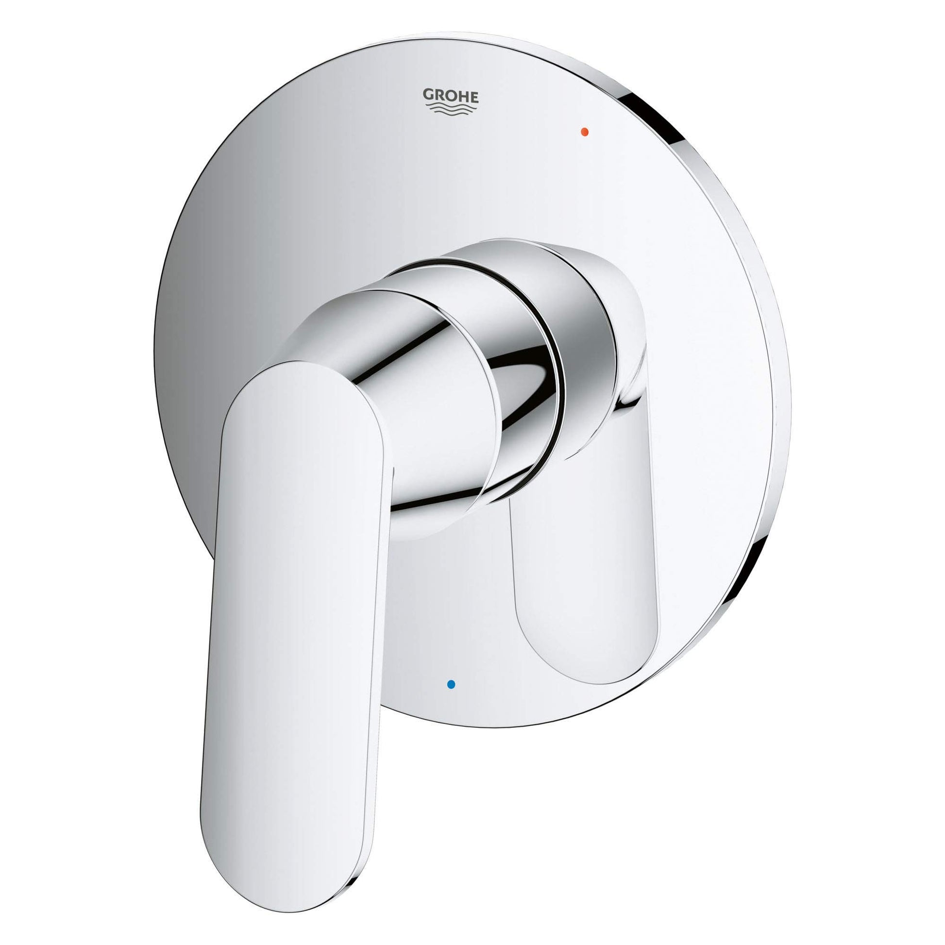 Chrome pressure balance valve trim with single lever handle and circular escutcheon plate.