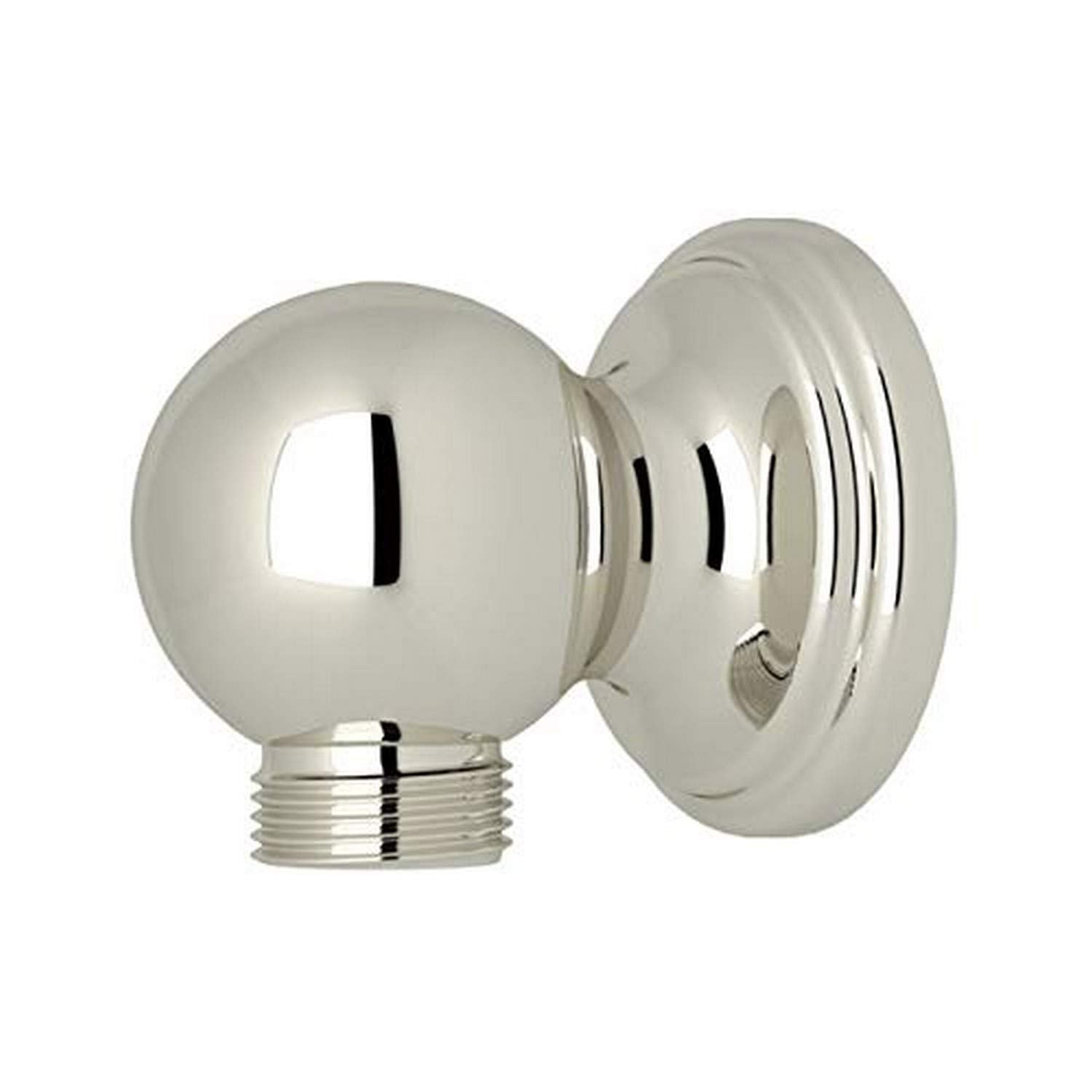 Polished nickel spherical handshower outlet with threaded connection and circular wall plate.