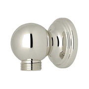Polished nickel spherical handshower outlet with threaded connection and circular wall plate.