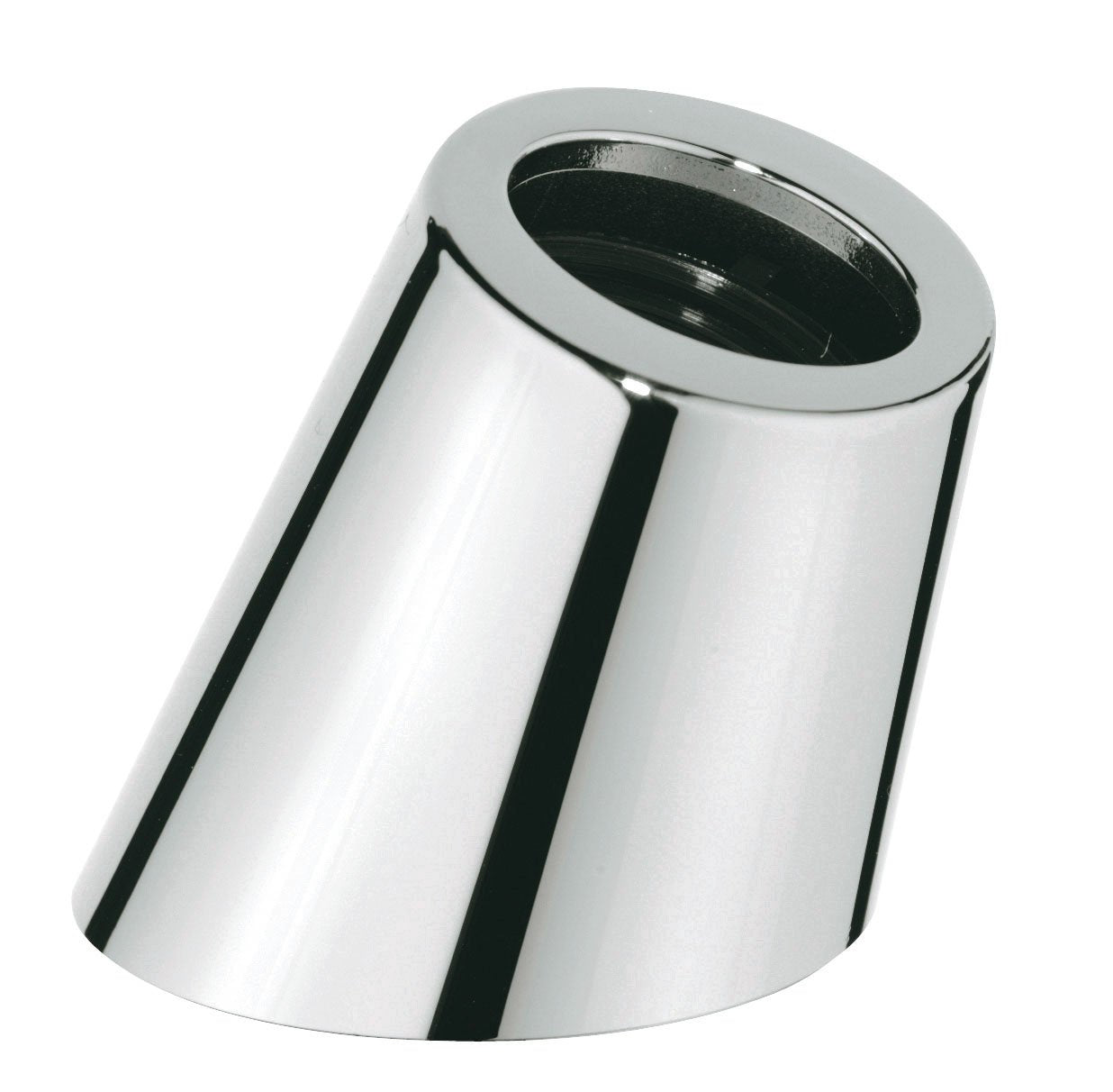 Chrome coupling piece with cylindrical body, black interior ring, and slanted top opening.