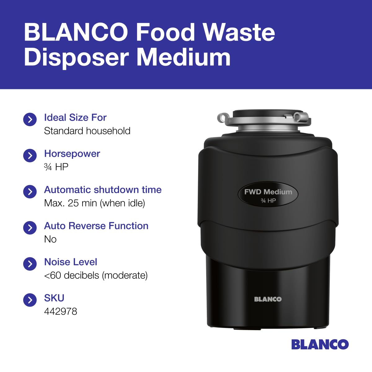 Black Blanco food waste disposal unit with metal mounting hardware and control panel labeled "FWD Medium ¾ HP".