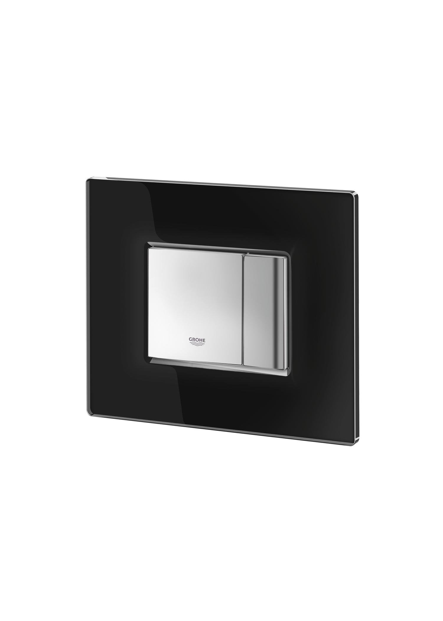 Square black wall plate with white central control panel and chrome trim featuring two rectangular buttons.