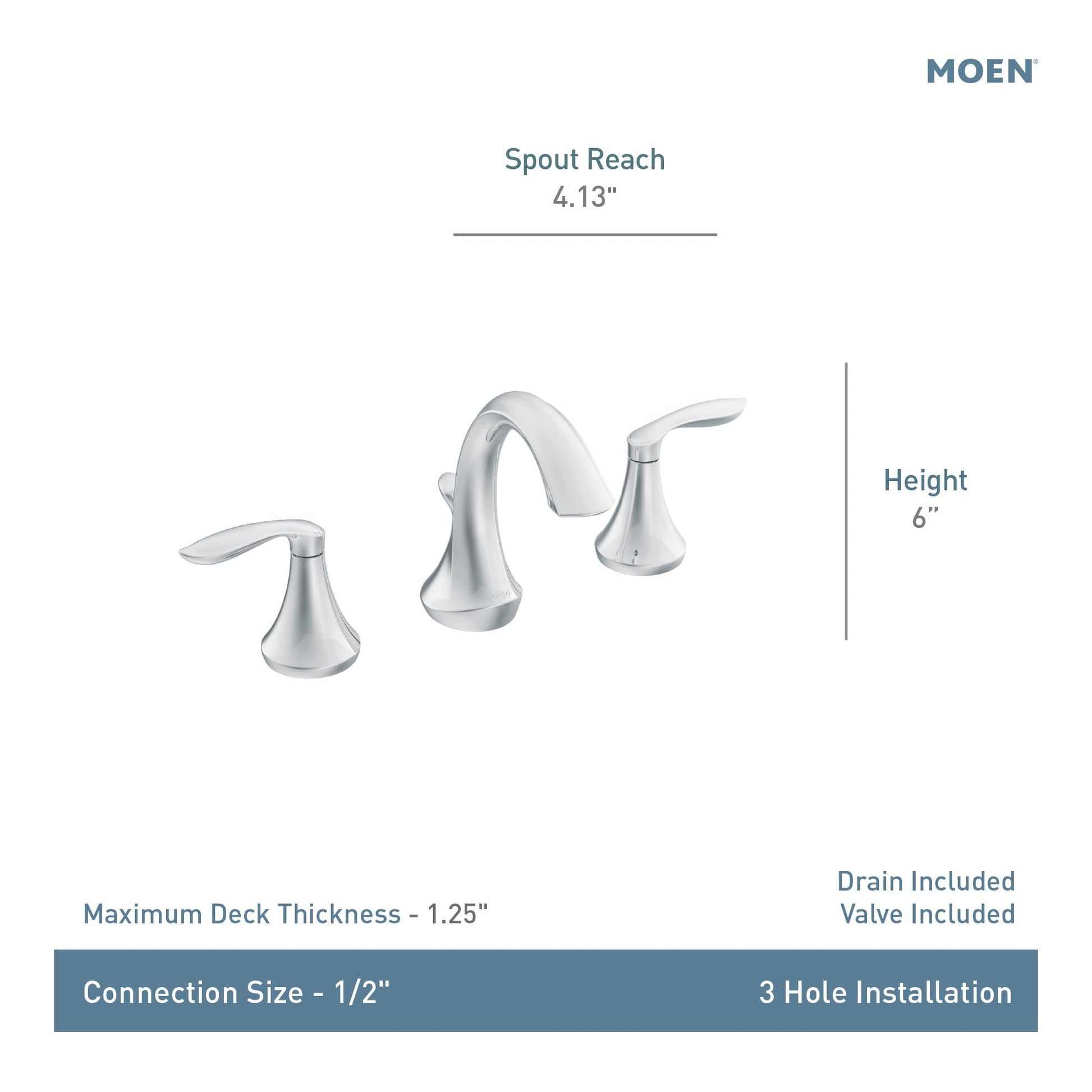 Chrome two-handle high arc bathroom sink faucet with curved spout and lever handles for 3-hole installation.