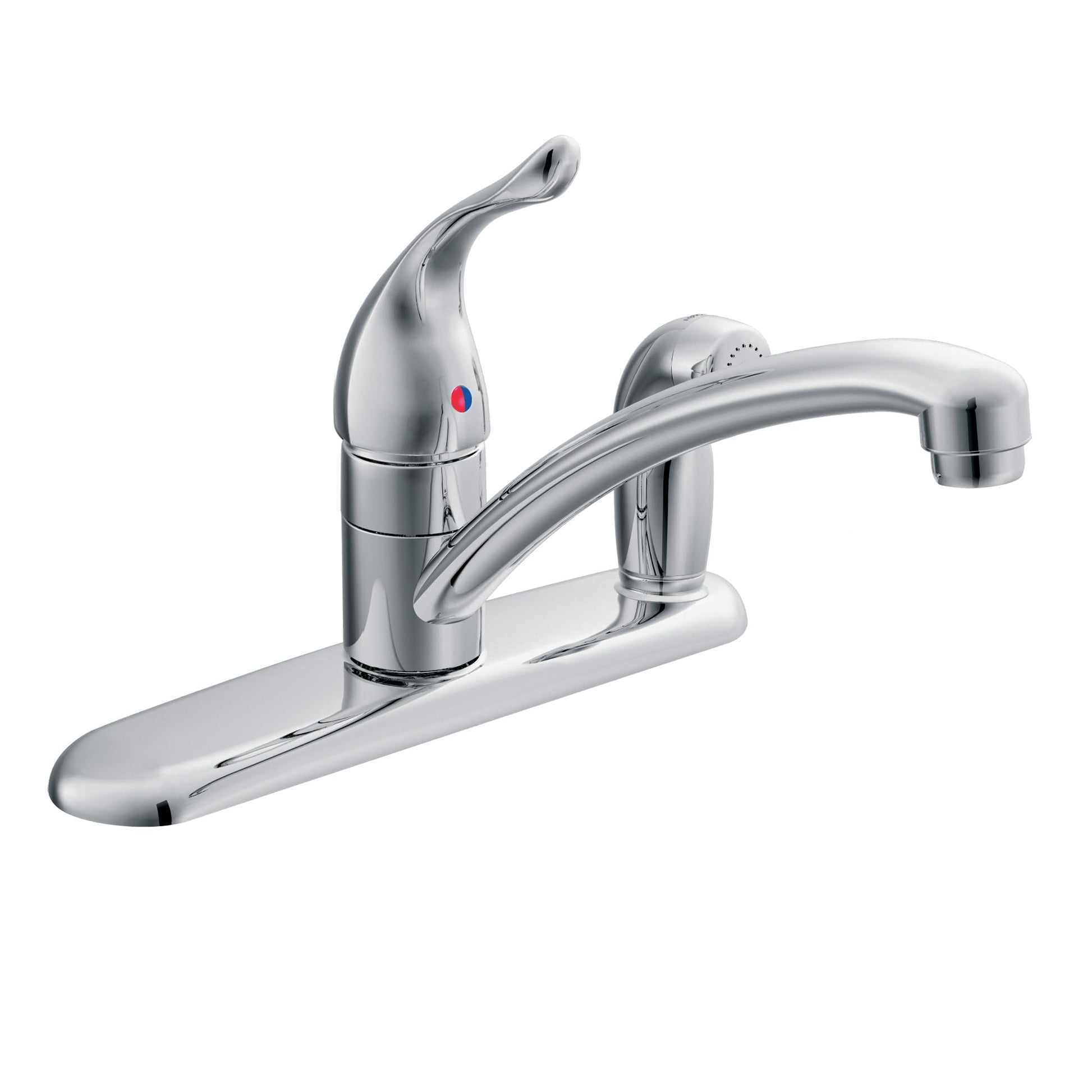 Chrome single-handle kitchen faucet with curved spout and control lever on white deck plate.