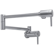 Chrome wall-mounted pot filler faucet with articulating arm and lever handle.