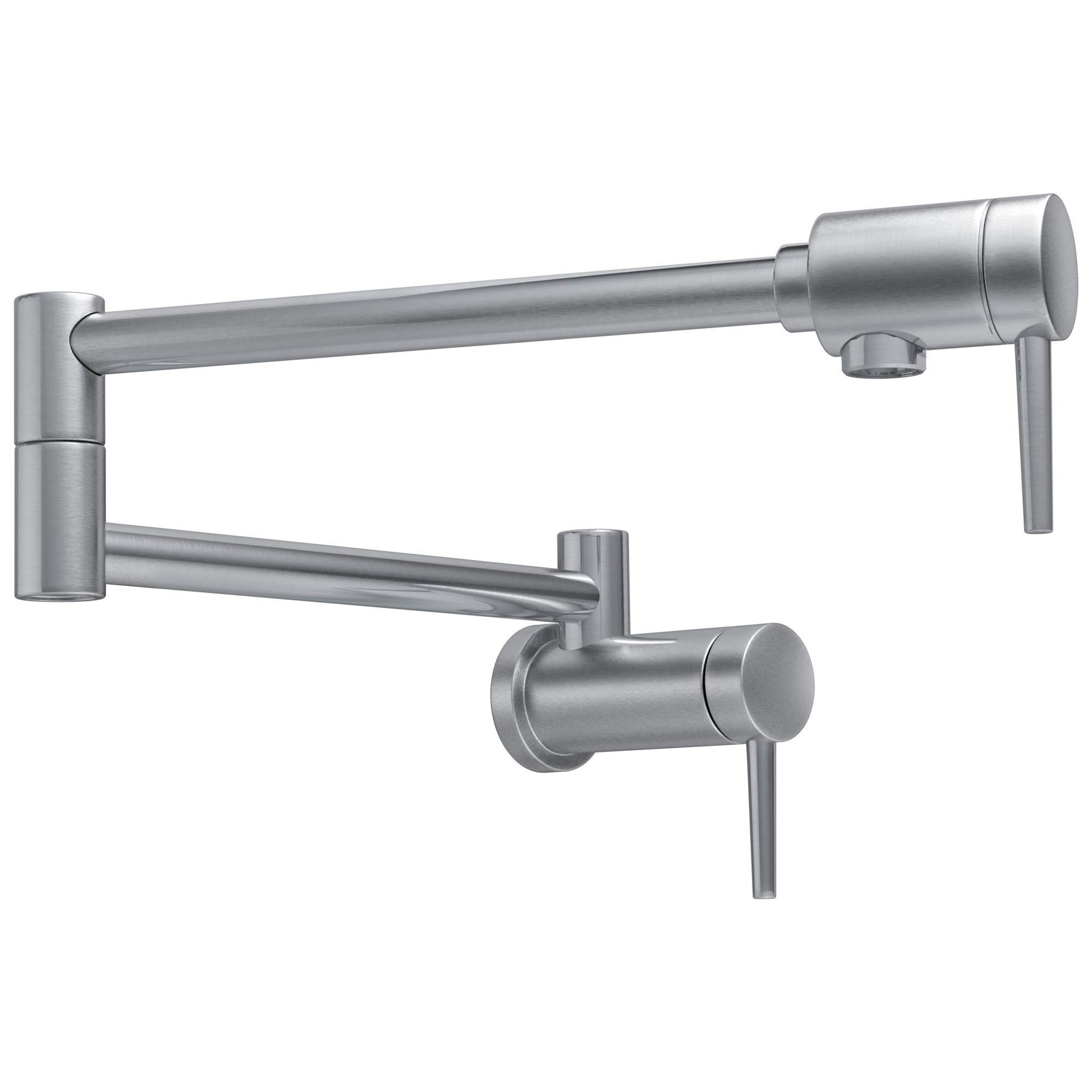 Chrome wall-mounted pot filler faucet with articulating arm and lever handle.