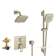 Grohe Eurocube brushed nickel shower set with wall-mounted showerhead, handheld shower, vertical rail, valve trim, and brass 