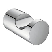 Chrome single robe hook with curved arm and cylindrical backplate.