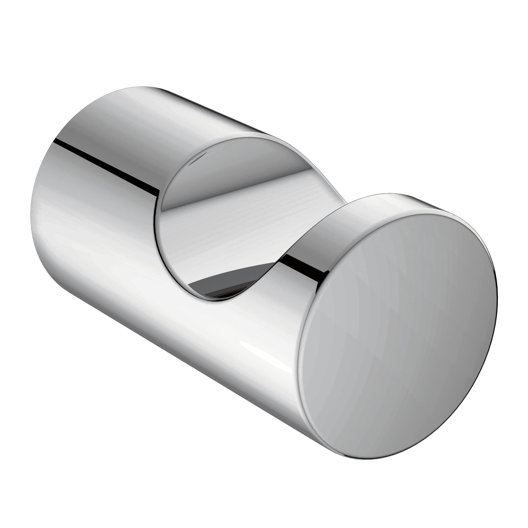 Chrome single robe hook with curved arm and cylindrical backplate.