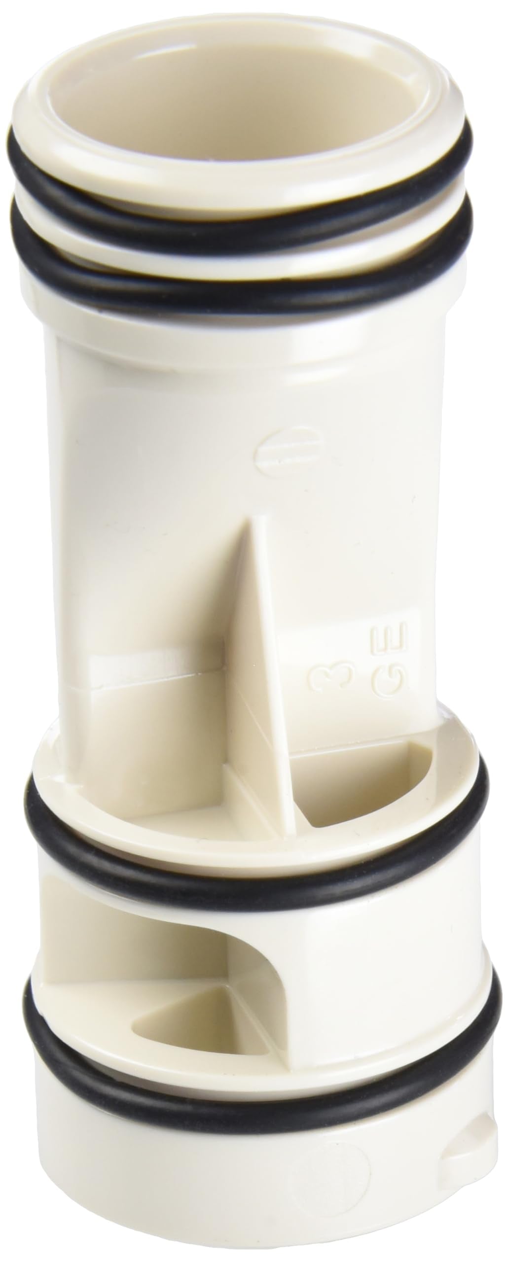 Grohe water flow cartridge part 47751000 with white plastic body and black rubber seals.