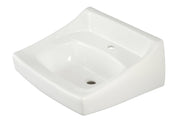 Cotton white ceramic wall-mount sink with single hole faucet opening and curved basin.