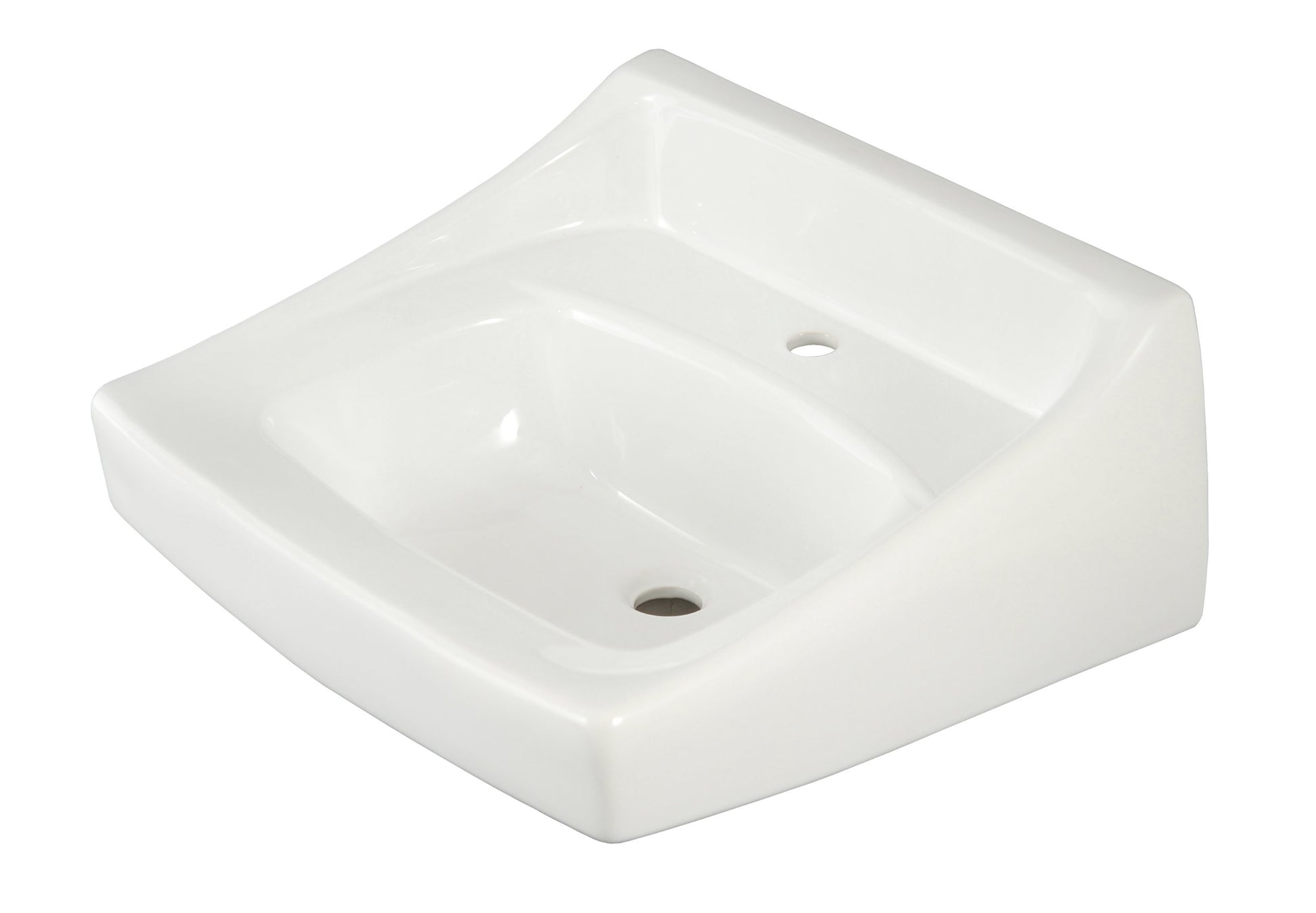 Cotton white ceramic wall-mount sink with single hole faucet opening and curved basin.