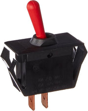 Black toggle switch with red handle and two copper terminals.