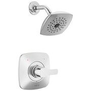 Chrome shower trim with square rainfall showerhead and lever valve control mounted on white escutcheon plate.
