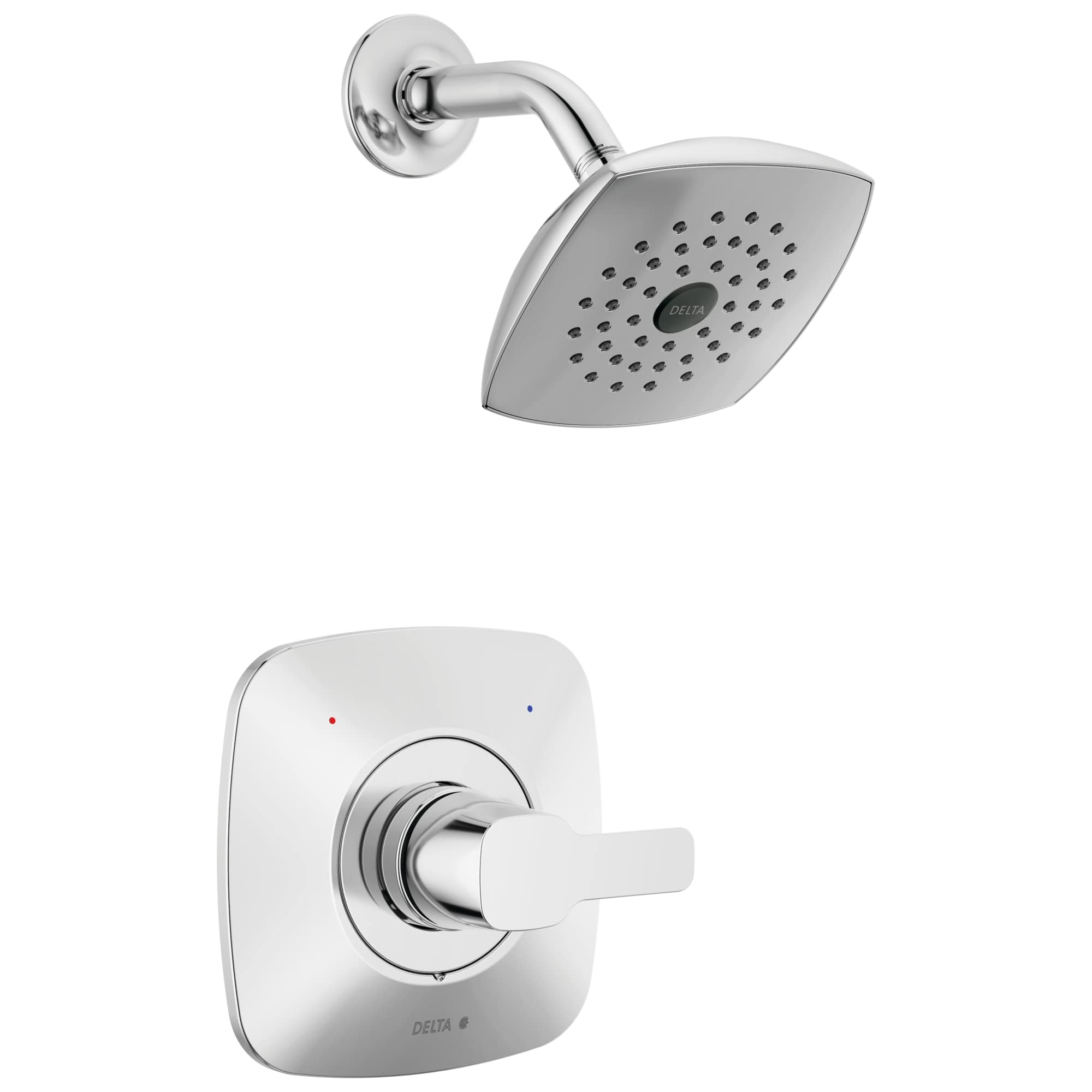 Chrome shower trim with square rainfall showerhead and lever valve control mounted on white escutcheon plate.