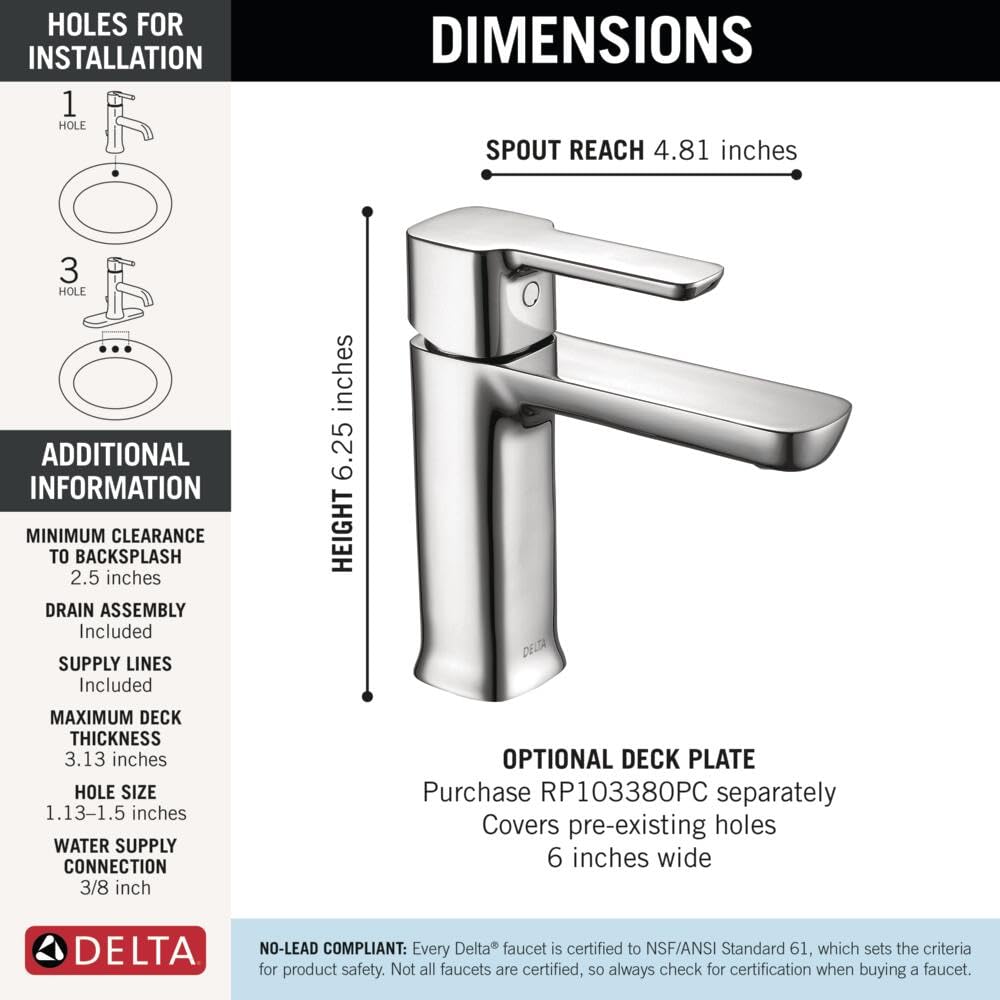 Chrome single-handle bathroom faucet with curved spout and rectangular handles, 6.25 inches tall.