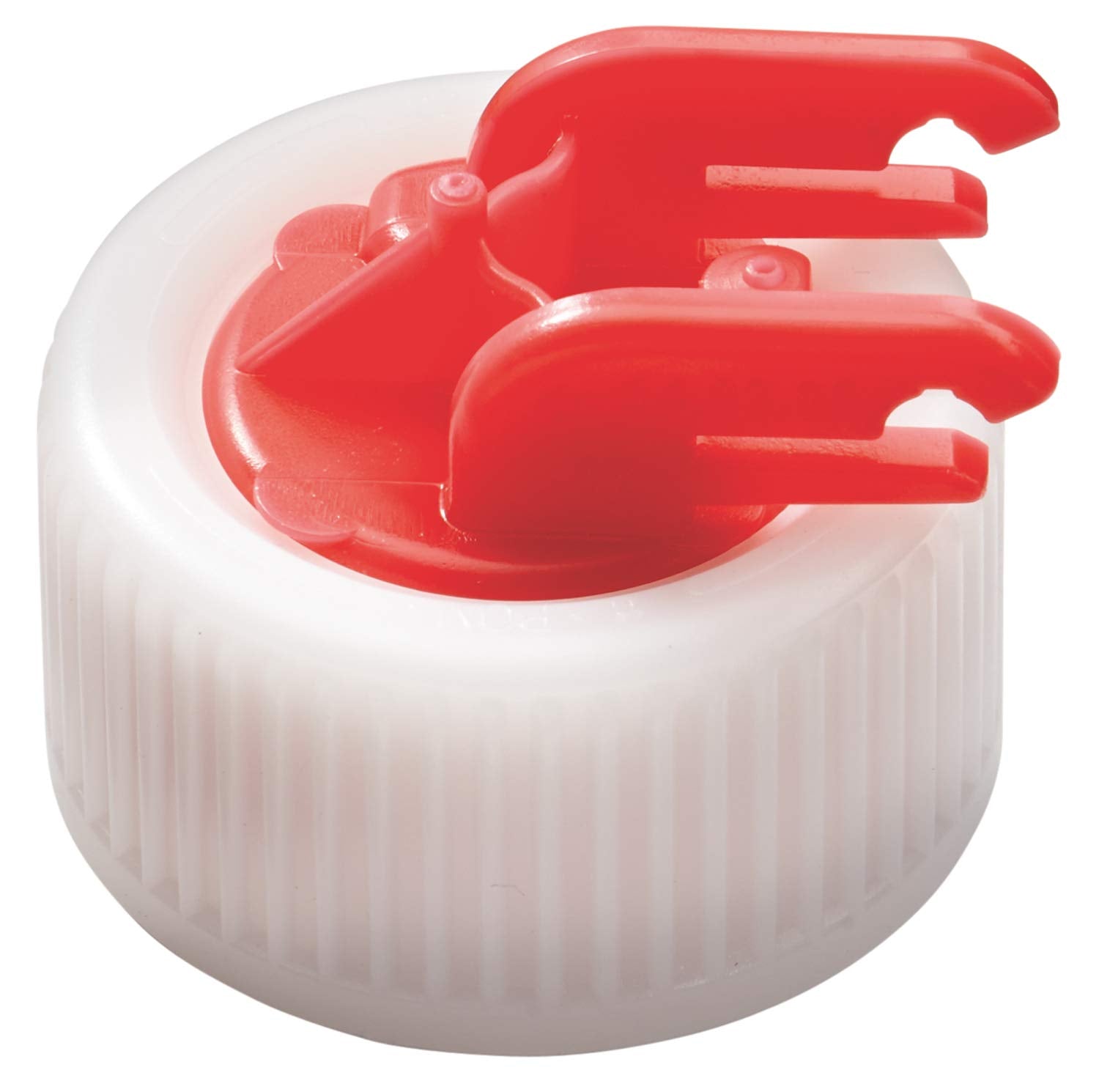 Red and white plastic valve head with dual lever handles and threaded white base for faucet installation.