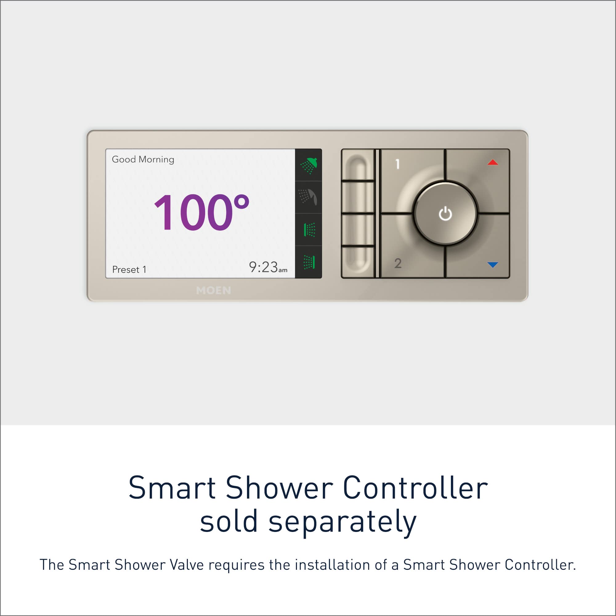 Moen digital shower valve control panel displaying 100° temperature, time 9:23am, preset options, and power button on beige b