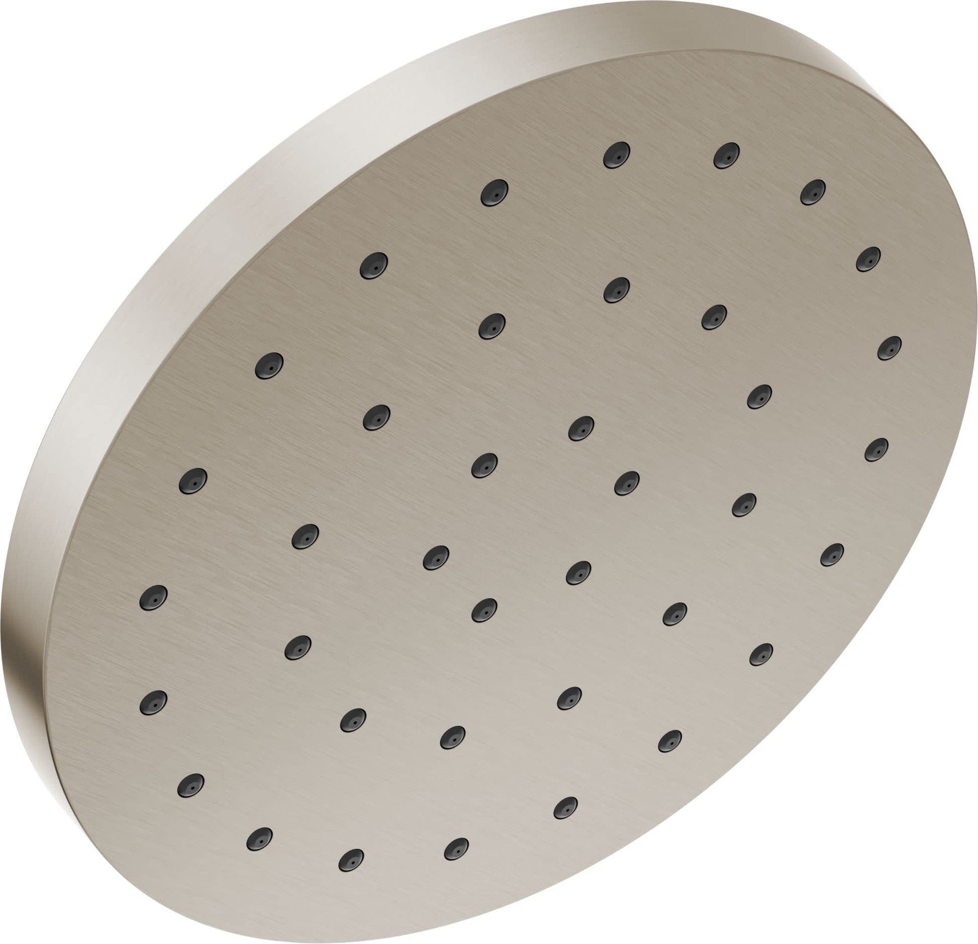Brushed nickel round shower head with multiple spray jets arranged in rows across the face.