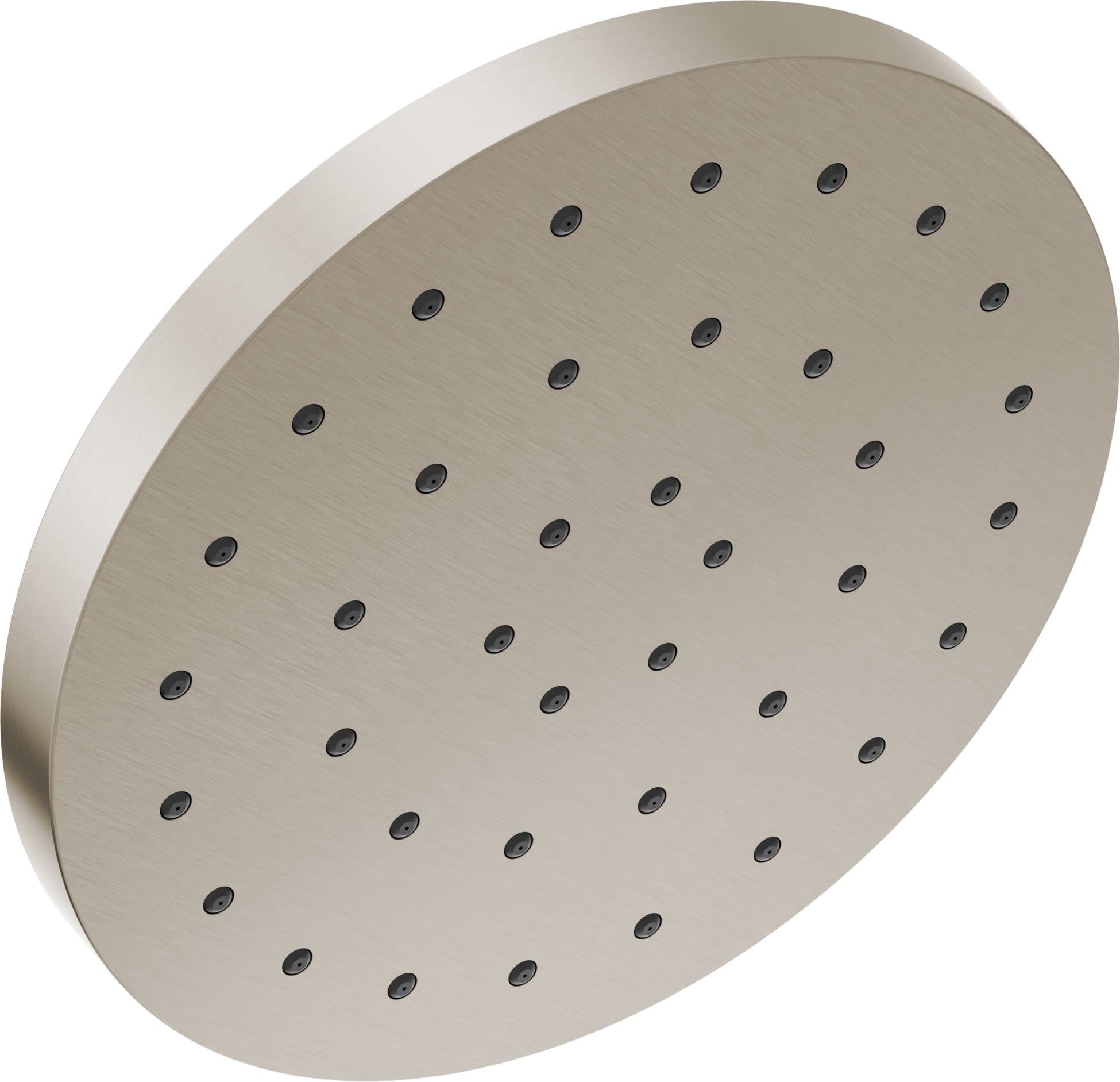 Brushed nickel round shower head with multiple spray jets arranged in rows across the face.