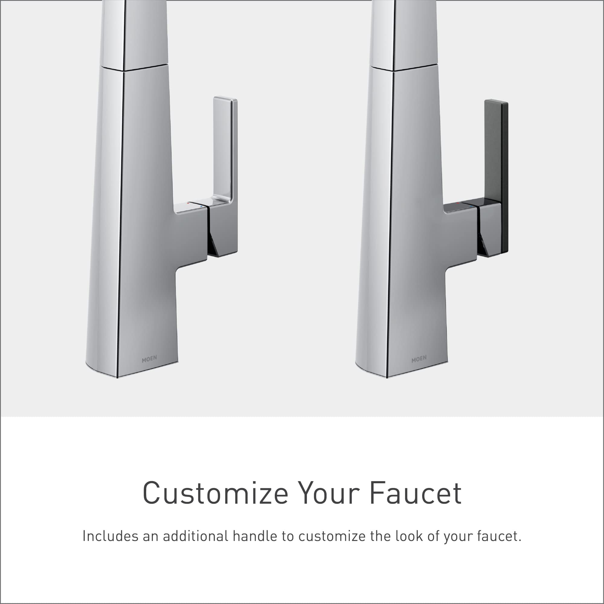 Moen Nio chrome bar faucet with one handle in two finish options: polished chrome and matte black.